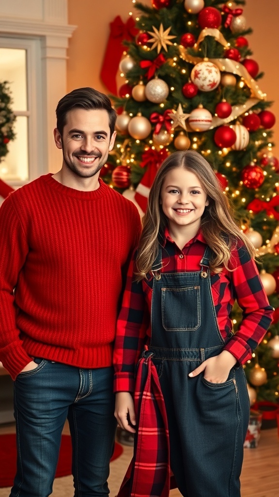 Family of three in red outfits for Christmas photo, with a decorated tree in the background.